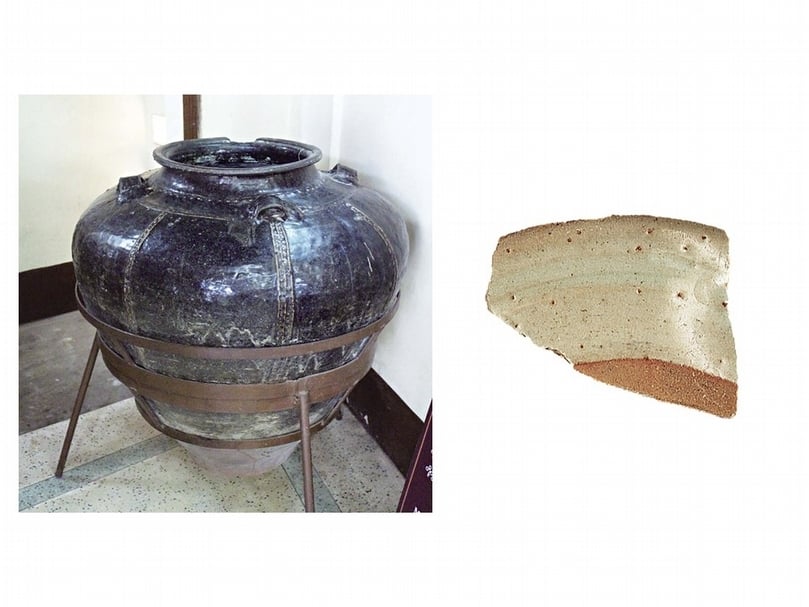 左為黑釉白彩大壺。（攝影／坂井隆）右為澎湖內垵中屯出土的綠白釉盤破片。圖片引自國立歷史博物館，《澎湖內垵中屯歷史考古研究成果報告》，2003。