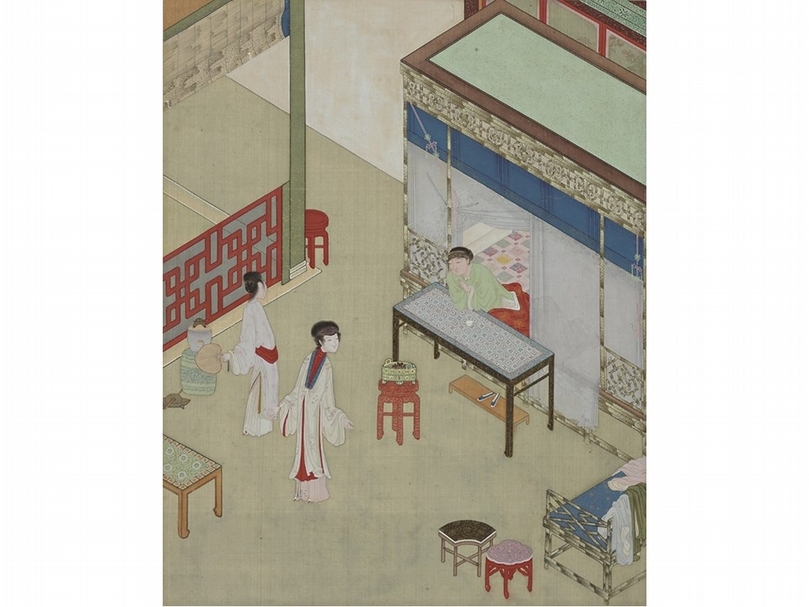18世紀佚名〈金瓶梅插畫冊．花子虛因氣喪身〉，絹本水墨設色冊頁，Kenneth A. Spencer夫人基金購買，Courtesy of The Nelson-Atkins Museum of Art。
