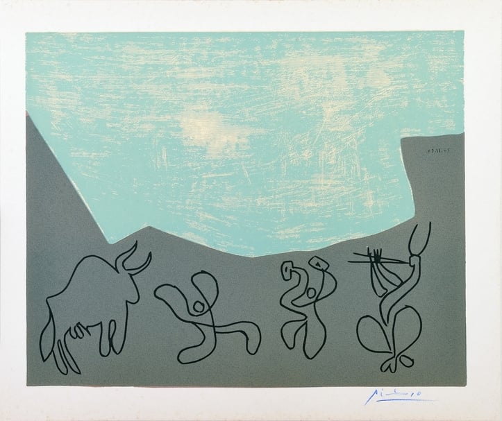帕布洛．畢卡索（Pablo Picasso）《酒神節》，橡膠版，31.25 x 37.5cm，1962。（曜畫廊提供）