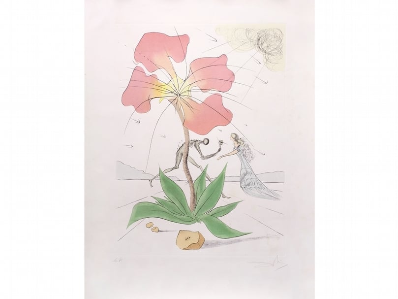 薩爾瓦多．達利（Salvador Dalí）《以色列之花》，蝕刻版畫，49 x37.5cm，1972。藝術家用金屬版蝕刻，呈現細緻如鋼筆劃過的線條感，而後再手繪出柔美色彩。（曜畫廊提供）