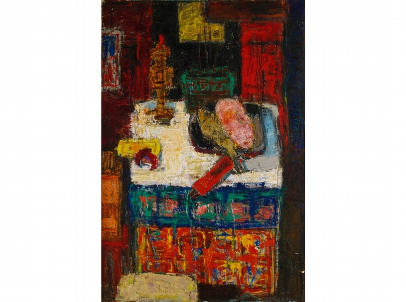 廖修平《祭神》，油彩畫布，128×87cm，1963。（尊彩藝術中心提供）
