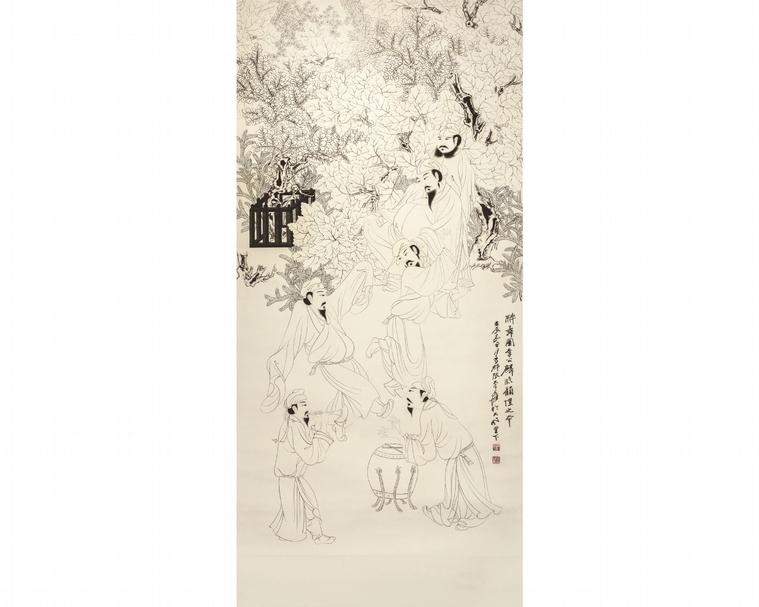 張大千於1952年完成的《高士醉舞圖》，以北宋李公麟所留下擬東晉顧愷之《醉舞圖》為藍本所繪，呈現其暢快淋漓的運筆走線，古意今韻相容並蓄於其中。（新象視覺藝術提供）