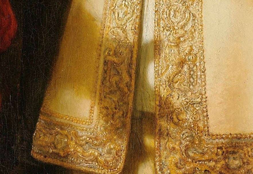 威廉.路庭伯(Willem van Ruytenburch)外衣上繡有精美的阿姆斯特丹市雙獅紋章,《夜巡》局部。(©Rijksmuseum)