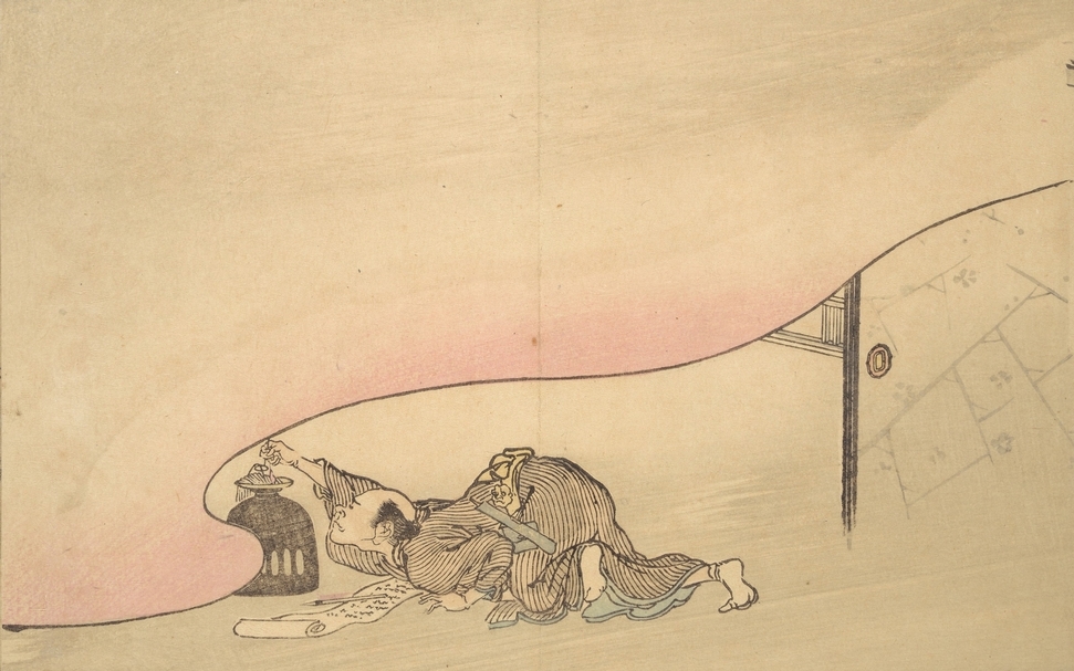 河鍋暁斎（Kawanabe Kyōsai）《暁斎百鬼画談》插圖，圖中看似畫家的人放下筆，熄燈等待伴隨黑暗而來臨的鬼怪。（©The Metropolitan Museum of Art）