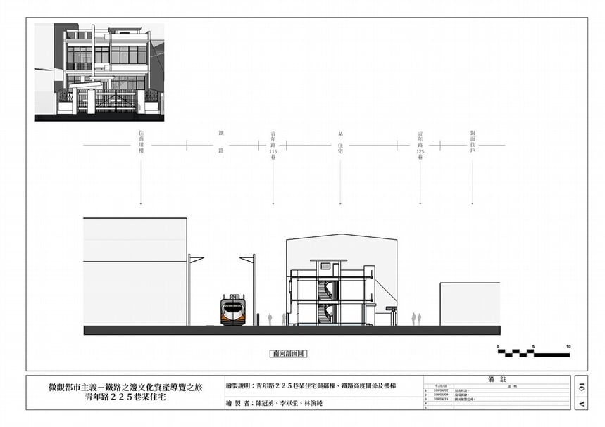 「微觀都市主義－鐵路之邊文化資產導覽之旅：青年路225巷某住宅」南向剖面圖。（繪圖／陳冠丞、李軍坣、林演純）