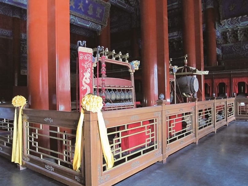 北京孔廟為元明清三代孔廟所在,內部陳設有祭孔時所使用的禮樂器。(攝影/張筠)