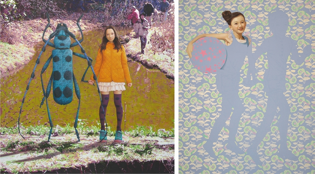 左圖：松山賢《生物卡（天牛）》，2010-13年（平成22-25年）；右圖：松山賢《地圖（海灘球）》，2009年（平成21年），兩作均為藝術家自藏。（北師美術館提供）