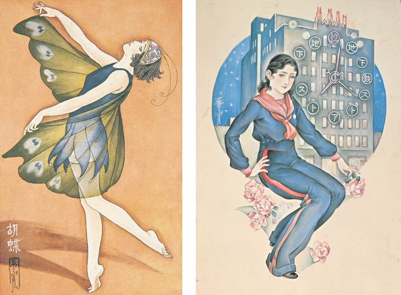 左圖：高畠華宵《蝴蝶》，1930年代（昭和初期），彌生美術館館藏；右圖：高畠華宵《光》，1930年代（昭和初期），彌生美術館館藏。（北師美術館提供）