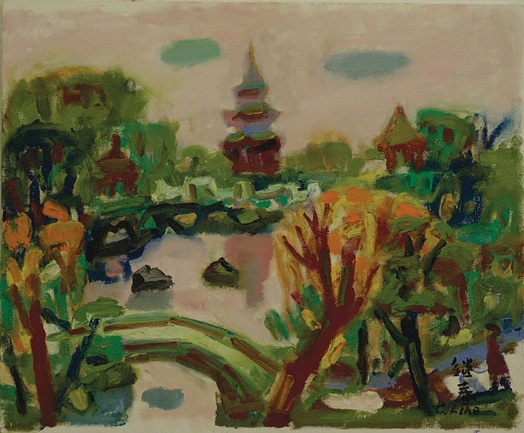 廖繼春《公園一隅》，油彩、畫布，33x24 cm。（國立台灣美術館提供）