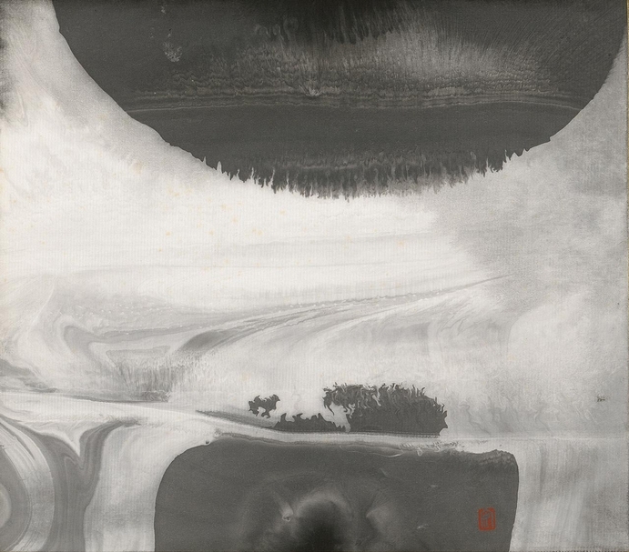 李安成《無題山水》 ，水墨、畫宣板，24 x 27 cm，1999-2000s。（誠品畫廊提供）