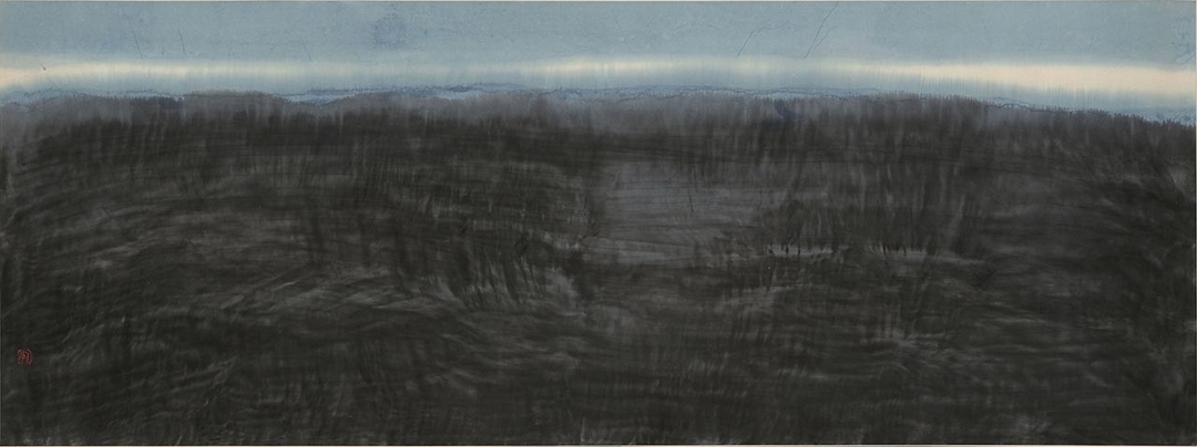 李安成《藍天》，水墨設色、紙本，90 x 240 cm，2001。（誠品畫廊提供）
