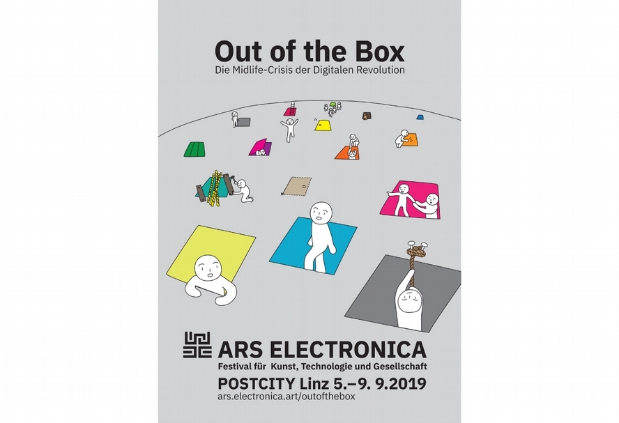 2019年林茲電子藝術節（Ars Electronica Festival）以「跳脫框架——數位革命的中年危機」（Out of the Box - the Midlife Crisis of the Digital Revolution）為主題，活動主視覺。（© Emiko Ogawa and Ars Electronica Festival）