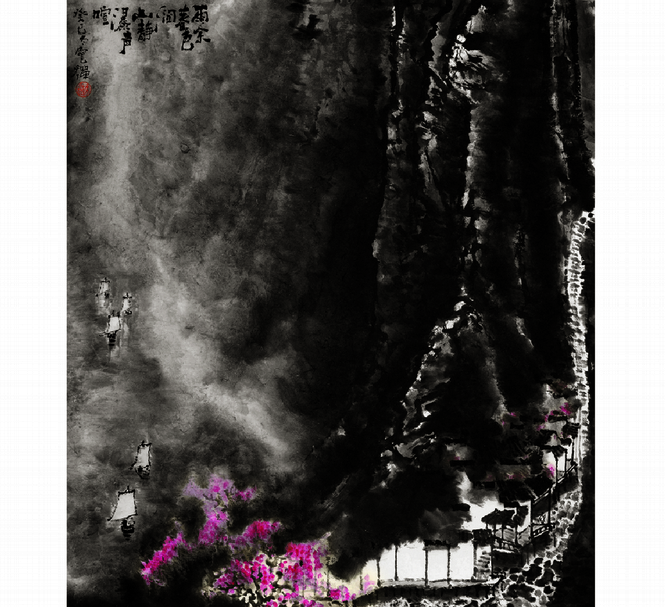 來支鋼2013年作《雨餘春色潤》，110×97公分。（羲之堂提供）