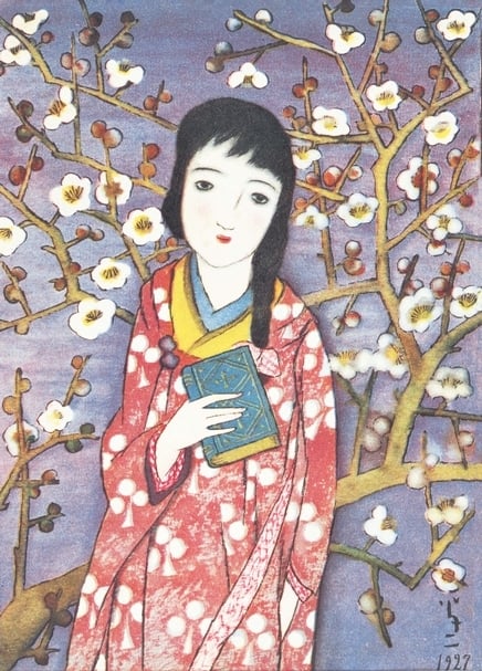 竹久夢二｜《白梅》｜16.5×12.0公分｜《少女世界》昭和2年（1927）2月｜彌生美術館，竹久夢二美術館藏。