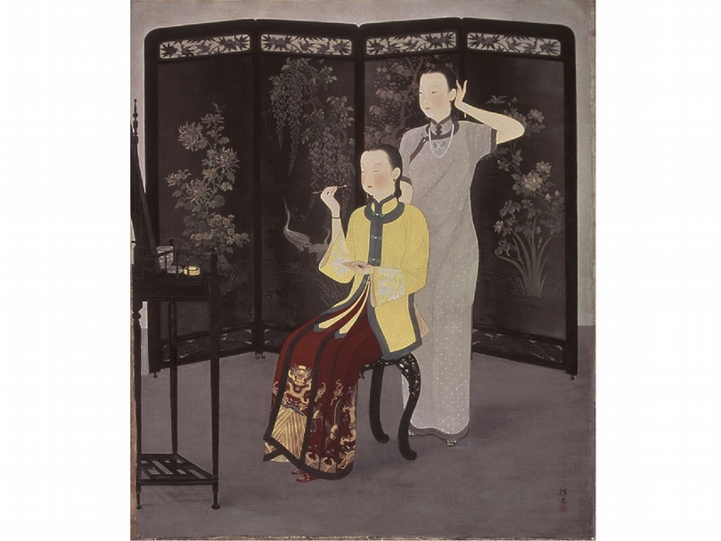 陳進《化粧》，膠彩、絹，212x182cm，1936。（國立歷史博物館提供）