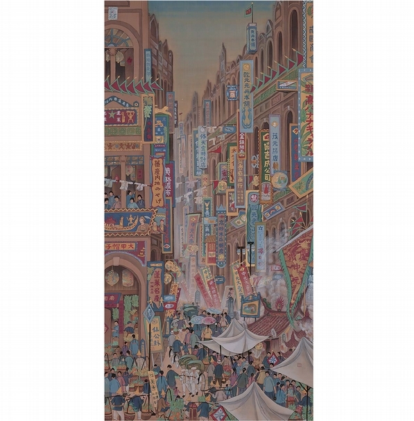 郭雪湖《南街殷賑》，膠彩、絹，188x94.5cm，1930。（台北市立美術館提供）