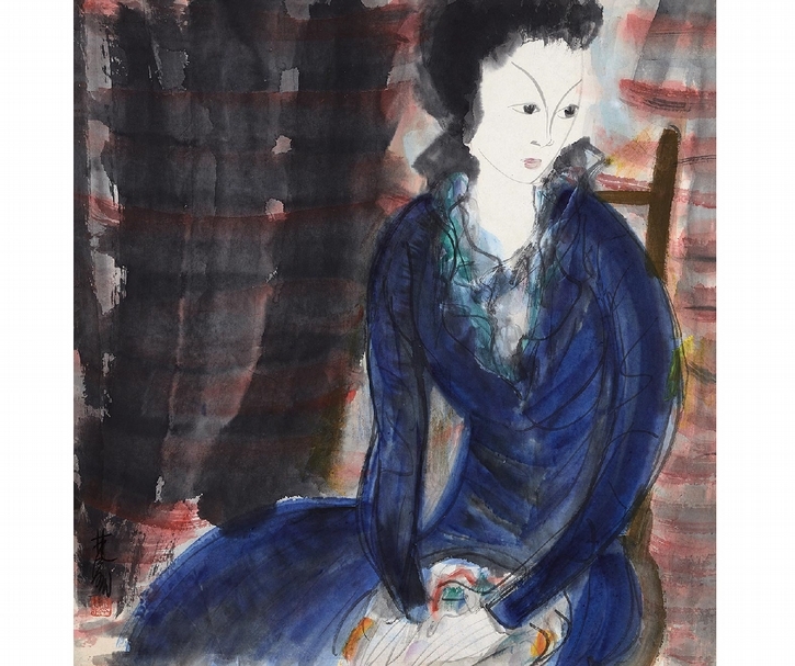 林風眠《藍衣仕女》,彩墨紙本,69.5 × 66.5 cm,1947年作,預估價:160萬至260萬港元。(中國嘉德香港提供)