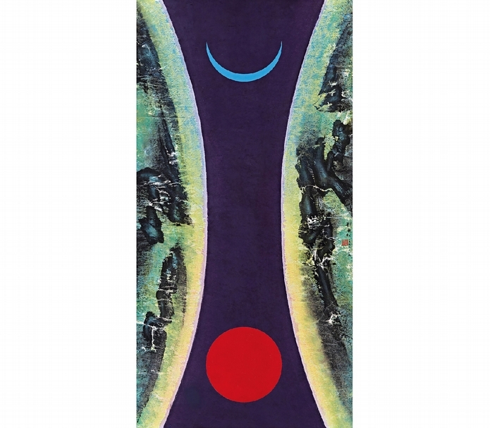 劉國松《日月》,彩墨、複合媒材、紙本,182.5×92 cm,1973至1989年作,預估價:250萬至320萬港元。(中國嘉德香港提供)