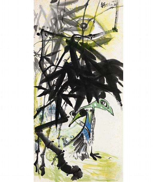 趙春翔《偎依》,墨、壓克力彩、紙本裱於木板,138×69.5 cm,1979-1980年作,預估價:42萬至52萬港元。(中國嘉德香港提供)