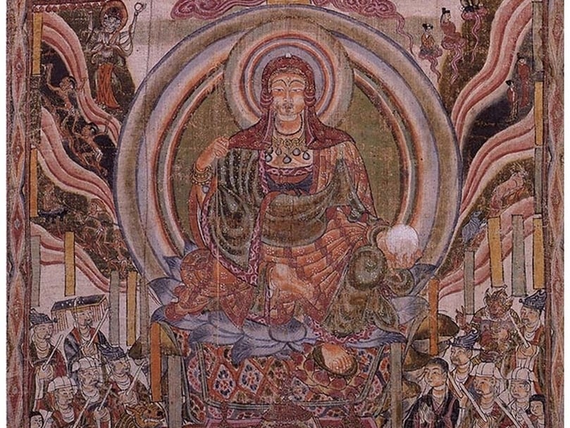 《被帽地藏菩薩十王圖與淨土圖》局部,圖中地藏菩薩頂被風帽,身著田相衣之僧服。(作者提供)