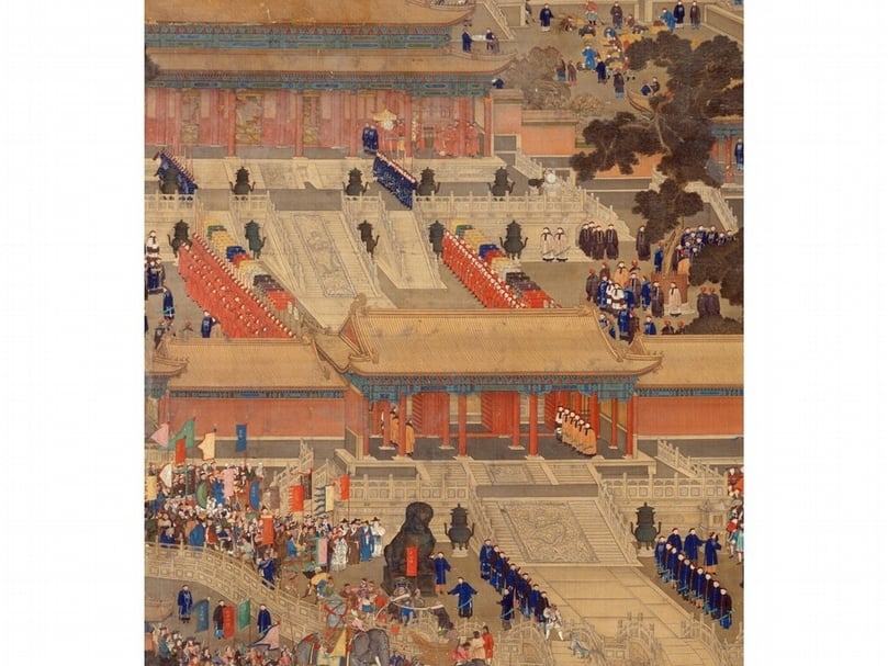 清中期形成較為嚴格的侍衛等級制度,侍衛服飾也因等級不同而形成不同的服飾形式。圖為清〈萬國來朝圖〉軸局部。(李理、李姝夢提供)