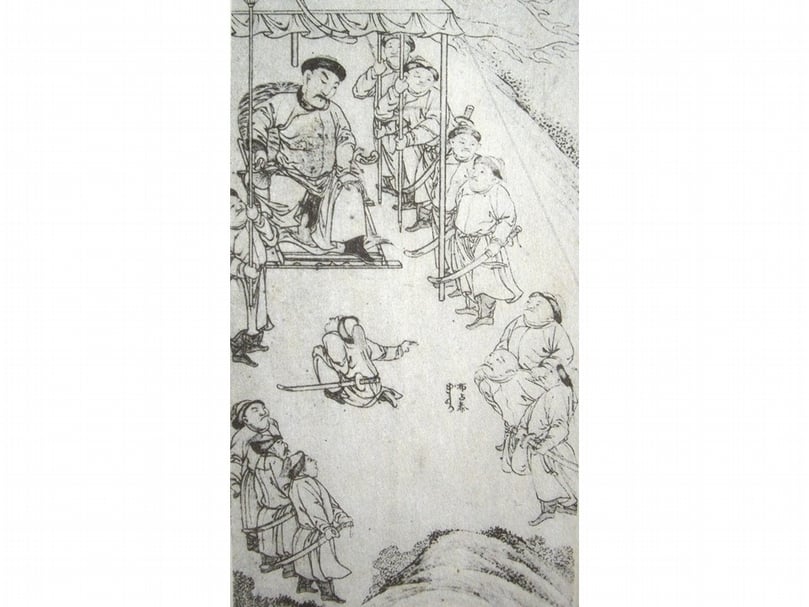 努爾哈赤起兵之初,侍衛由家丁、奴僕構成,所著服飾較為簡單。圖為清〈太祖實錄戰圖〉之「太祖恩養布占泰」局部。(李理、李姝夢提供)