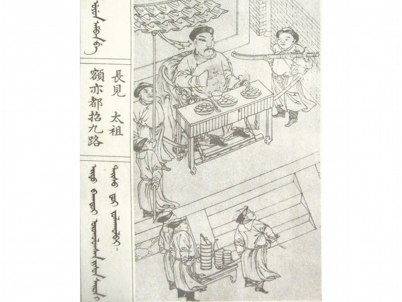 清初侍衛服飾雖然簡單,但已是當時最好的服飾之一。圖為清〈太祖實錄戰圖〉之「額亦都招九路長見太祖」。(李理、李姝夢提供)