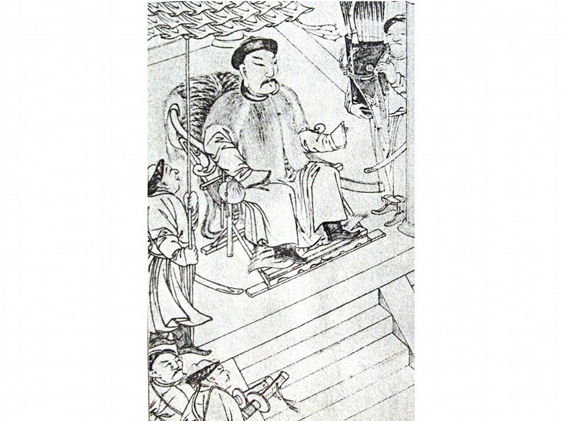 清早期皇帝(汗王)、侍衛所戴用的暖帽樣式。圖為清〈太祖實錄戰圖〉之「恩格德爾來上尊號」局部。(李理、李姝夢提供)