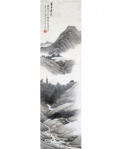 張崟《董巨遺意圖》， 紙本設色 ，141.9x39.4cm，1818。（大觀藝術空間提供）
