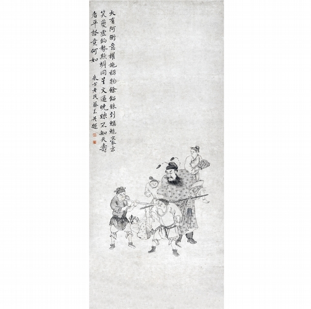 蔡嘉《鍾馗秤鬼圖》，紙本水墨，113.2x49.5cm。（大觀藝術空間提供）