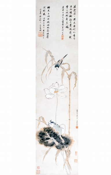 潘恭壽《蓮塘鶺鴒圖》，紙本設色，146.8x35.4cm，1790。（大觀藝術空間提供）