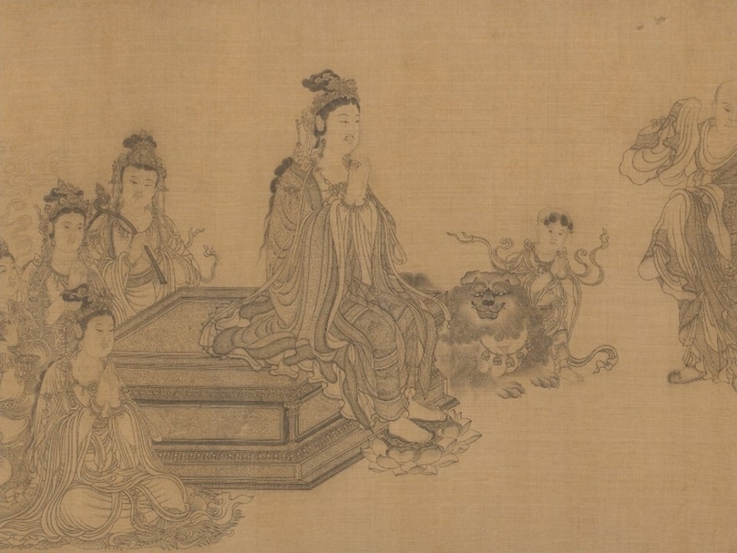 東亞佛教繪畫中，時常描繪文殊菩薩身側有獅子相伴。圖為元代王振鵬《維摩不二圖》局部。（©The Metropolitan Museum of Art）