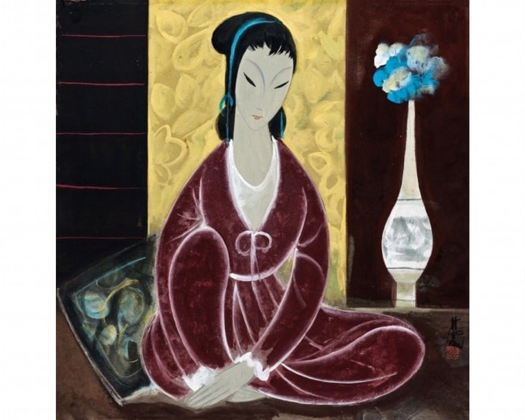 林風眠《紅衣仕女》,水墨、設色紙本,68.5×67.5 cm,1955。(保利香港提供)