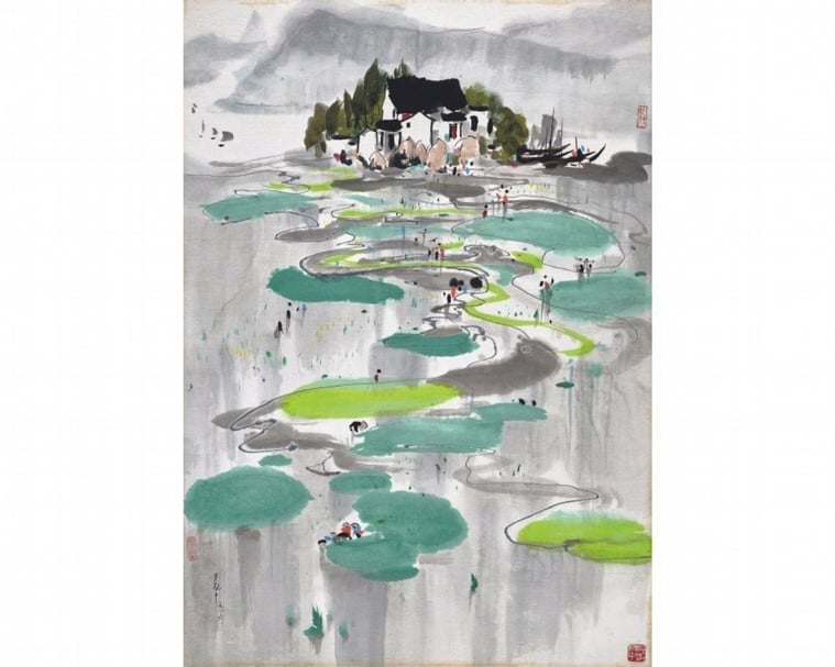 吳冠中《滇池人家.雲水居》,水墨、設色紙本,95×67 cm,1986。(保利香港提供)