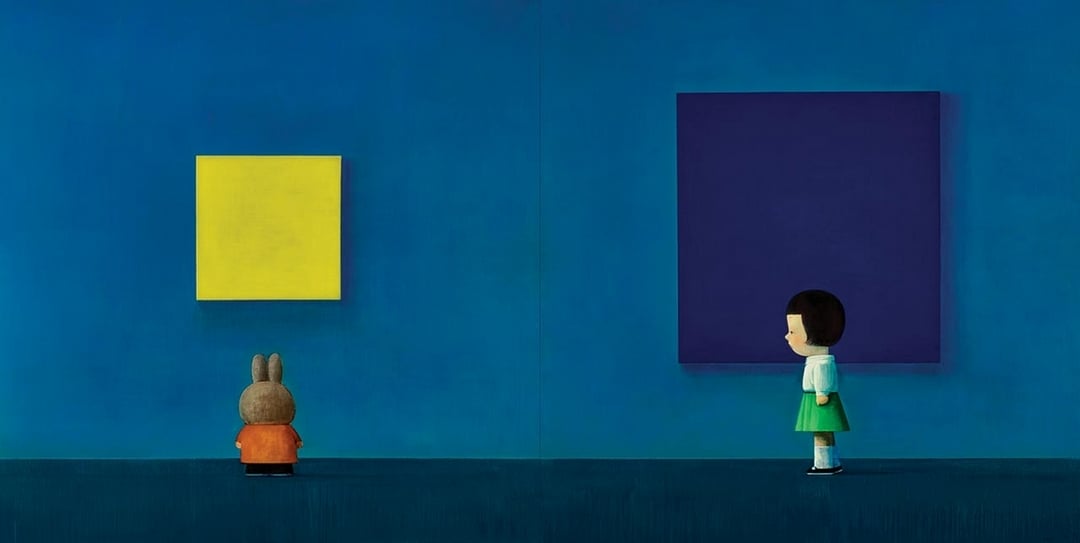 劉野《國際藍》,油彩、壓克力、畫布(雙聯作),每件:210.5×210 cm,總和:210.5×420 cm,2006。(保利香港提供)