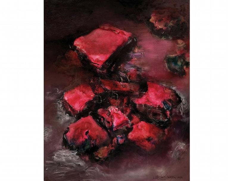 周春芽《紅色山石》,油彩、畫布,150×120 cm,1999。(保利香港提供)