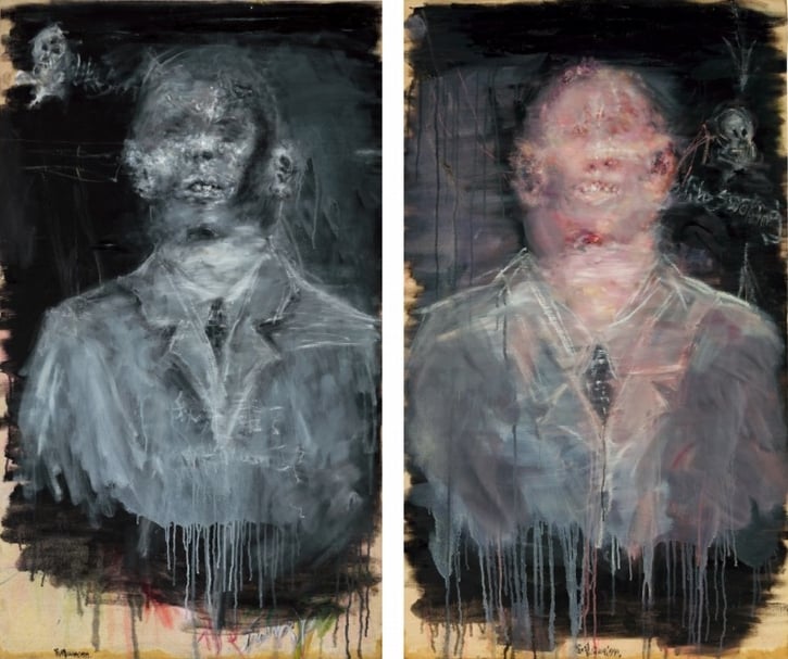 左圖:劉煒《我是誰系列》,油彩、畫布,120×70 cm,1999;右圖:劉煒《禁止抽煙系列》,油彩、畫布,120×70 cm,1999。(保利香港提供)