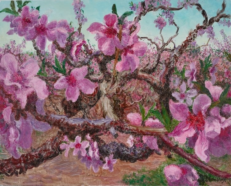 周春芽《桃花風景系列》,油彩、畫布,119.7×149.5 cm,2016。(保利香港提供)