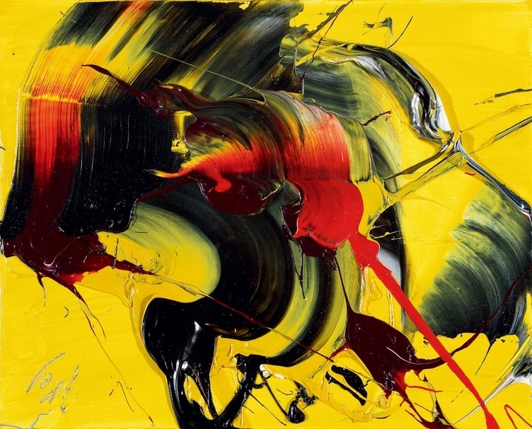 白髮一雄《黃鳳》，油彩、畫布裱於木板，22.3×27.5 cm，約1970。（保利香港提供）