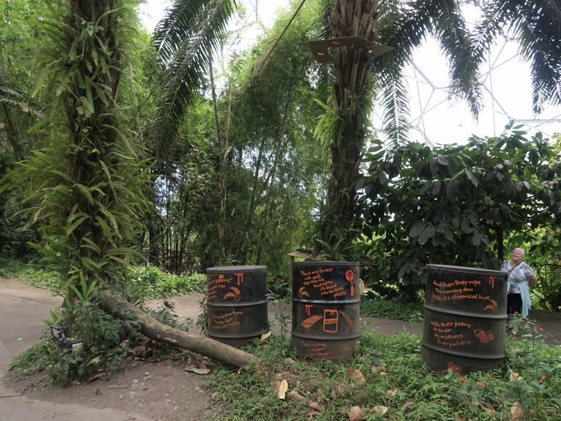 英國伊甸園計畫（Eden Project）在熱帶雨林生態圈溫室中展示油棕及棕梠油產業。油桶上的詩句敘說油棕產業如何摧毀當地居民的環境及生活。（賴怡辰提供）