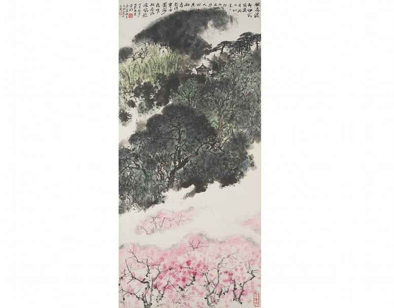 編號175的亞明1978年作《桃花源》，設色紙本，96.7×45.2公分，5萬至8萬港元。（©香港邦瀚斯）