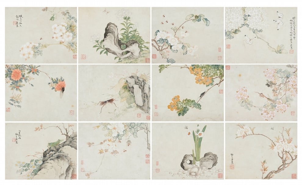 編號243的居巢1865年作《草蟲花卉圖》12幀，設色紙本，22.9×29公分，估價10萬至15萬港元。（©香港邦瀚斯）