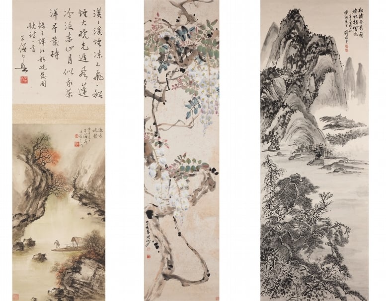 編號250的黃幻吾1945年作《漁舟曉發》（左），設色紙本，畫家自署簽並題詩堂，畫心43.7×23.2公分，估價4萬至6萬港元。編號251的關山月1947年作《紫藤》（中），設色紙本，131.9×33.2公分，估價7萬至9萬港元。編號252的劉海粟1941年作《松濤泉籟》（右），水墨紙本，147.7×53.3公分，估價18萬至25萬港元。（©香港邦瀚斯）