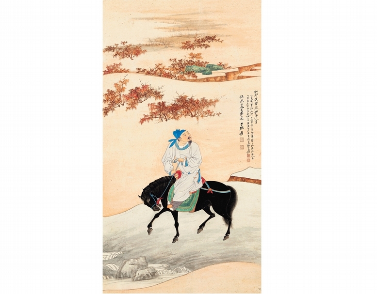 張大千《擬唐人秋郊攬轡圖》，100.2×54.3 公分。2012年於香港蘇富比上拍，估價880萬至1280萬港元，最終因物權爭議撤拍。2015年春季再次現身拍場，再次由香港蘇富比推出，估價1000萬至1500萬港元，最終以5116萬港元成交。（©香港蘇富比）