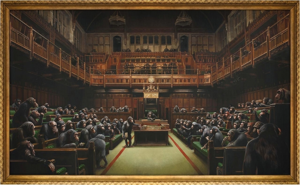 班克西《下放國會》(Devolved Parliament)以3.7億新台幣落槌,創下個人紀錄。(蘇富比提供)