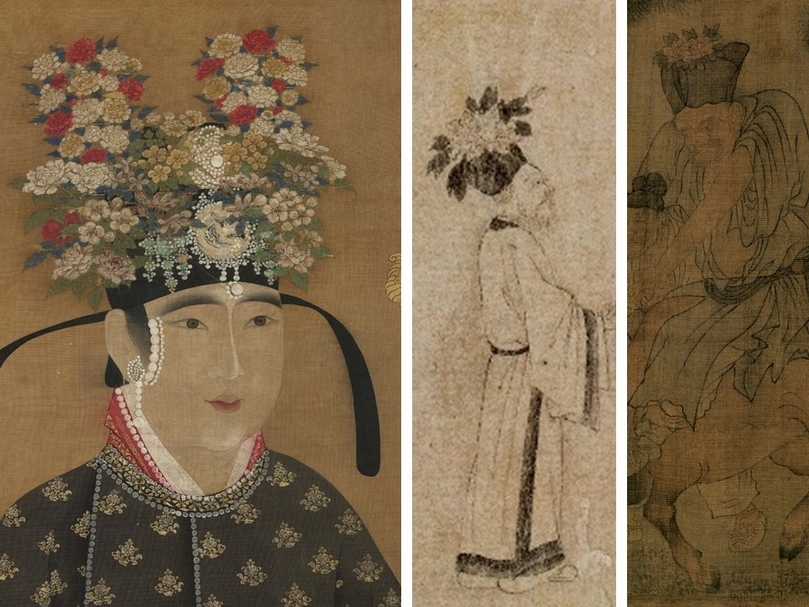 宋人愛簪花，現存繪畫有多例可證。如北宋《宋仁宗后坐像》的女官（左）、宋代《商山四皓會昌九老圖》的老者（中）及宋代《田畯醉歸圖》的男子，皆在頭上裝飾鮮花。（《宋仁宗后坐像》為國立故宮博物院opendata專區提供，後二者翻攝自浙江大學中國古代書畫硏究中心編《宋畫全集》 ，杭州：浙江大學出版，2008-。）