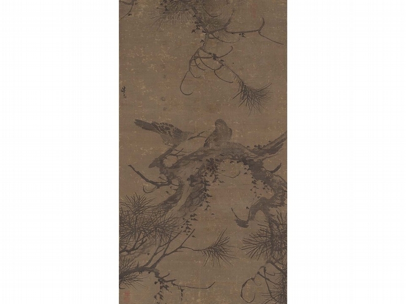 林良〈松樹雙鳥圖〉軸，絹本水墨，132×73公分，北山堂寄存。（香港中文大學文物館提供）