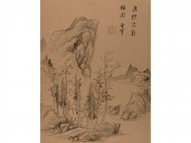 董其昌〈仿各家山水冊．臨倪迂鶴林園〉冊頁，金箋水墨，30.5×23.8公分，香港中文大學文物館藏。（香港中文大學文物館提供）