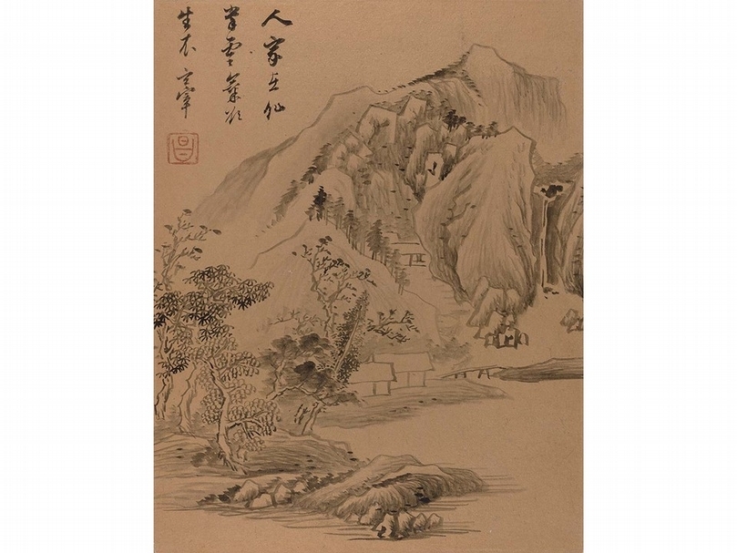 董其昌〈仿各家山水冊．人家在仙掌〉冊頁，金箋水墨，30.5×23.8公分，香港中文大學文物館藏。（香港中文大學文物館提供）
