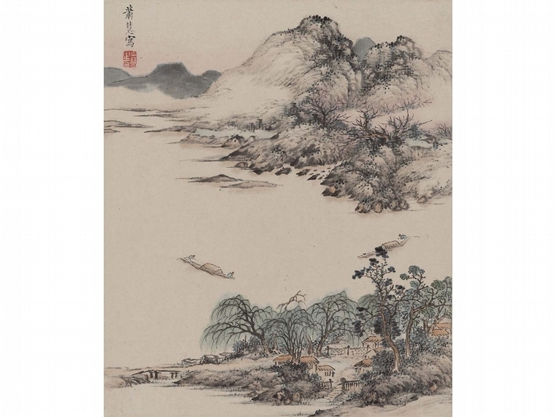 蕭慧〈瀟湘八景圖〉冊頁，紙本水墨設色，25.5×21.5公分，北山堂寄存。（香港中文大學文物館提供）
